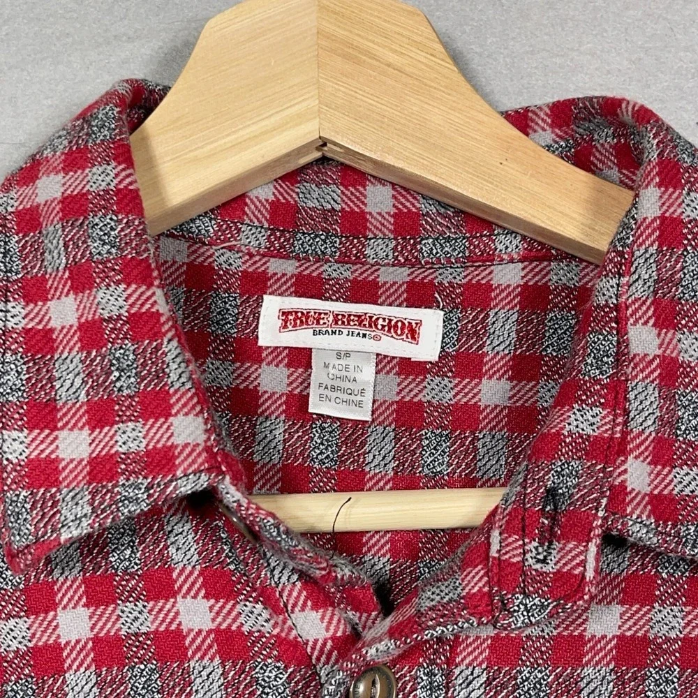 True Religion Flannel Shirt Men Small Regular Fit‎ Red Gray Plaid Plaid Outdoor